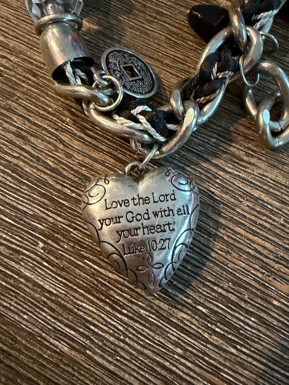 Chunky silver and black Charmed I'm sure  heart verse  Luke 10:27 necklace 21” - Picture 2 of 16